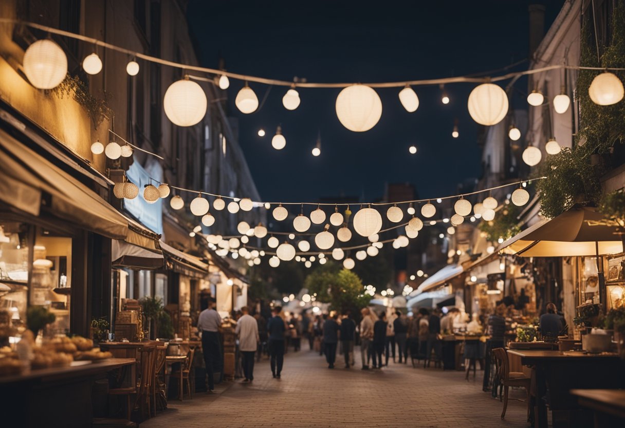 A bustling street lined with vibrant, eclectic restaurants, each with its own unique charm and character, offering a diverse array of culinary delights