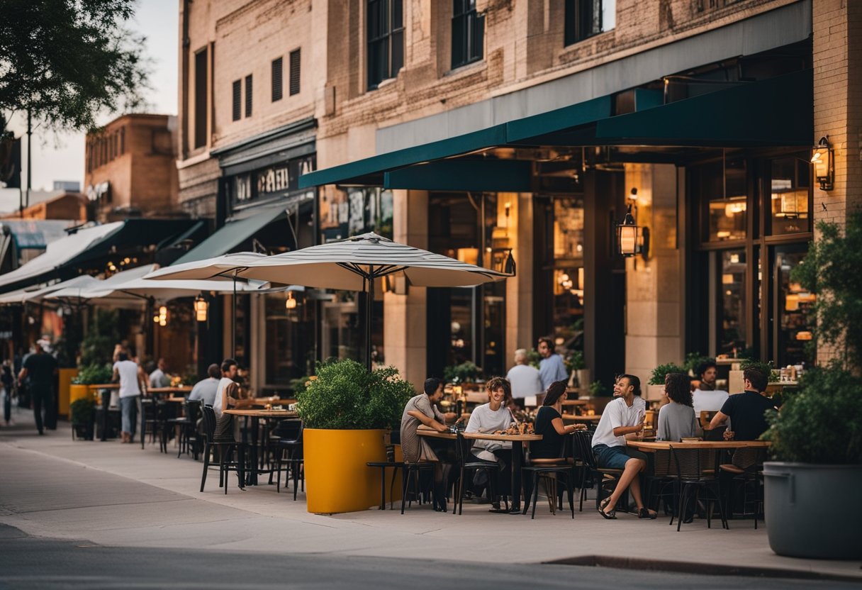 A bustling cityscape with a diverse range of restaurant facades, showcasing the top 10 best restaurants in Austin, Texas. Outdoor seating, vibrant signage, and a lively atmosphere